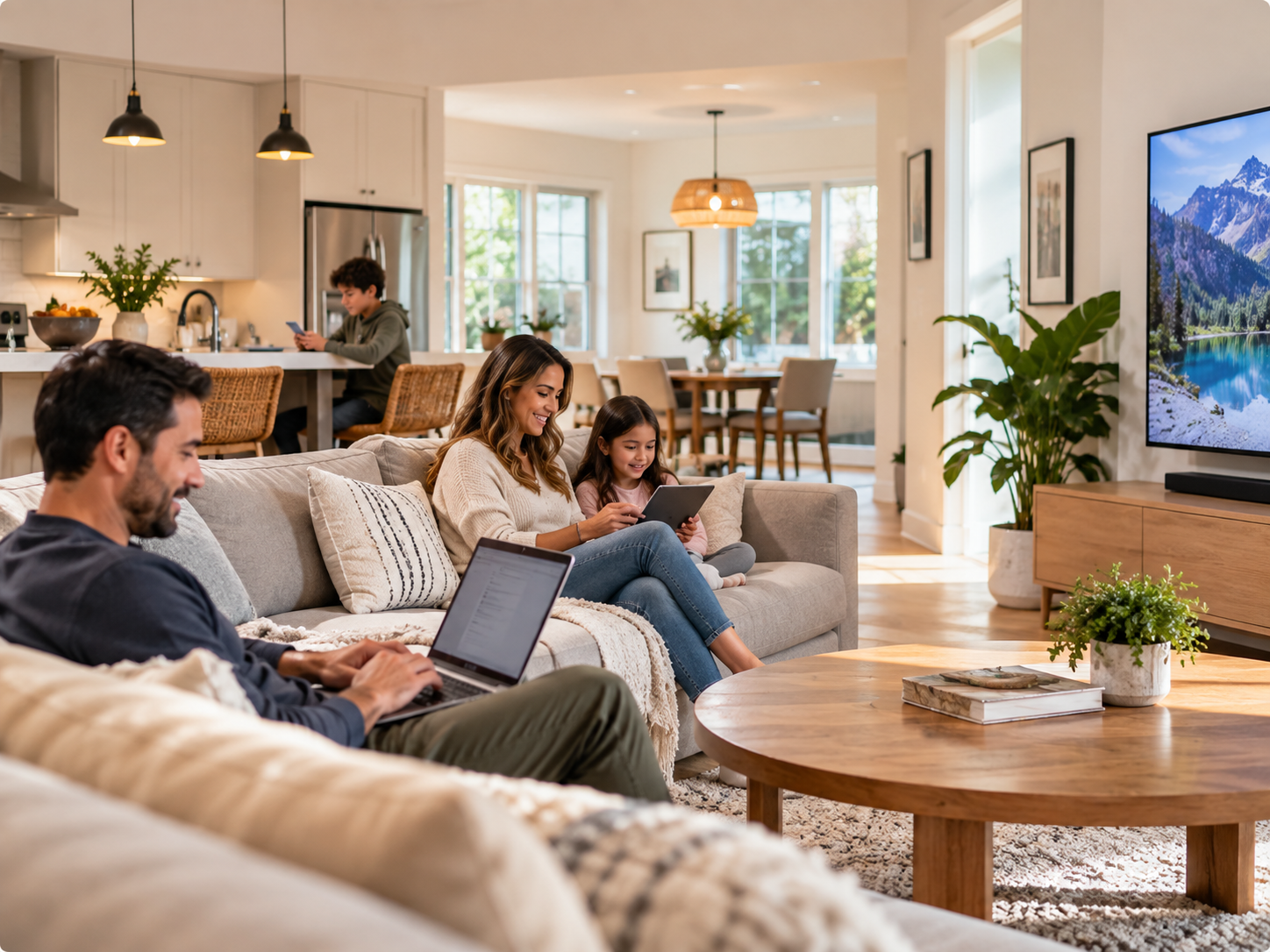 Family using multiple connected devices in different parts of a living room