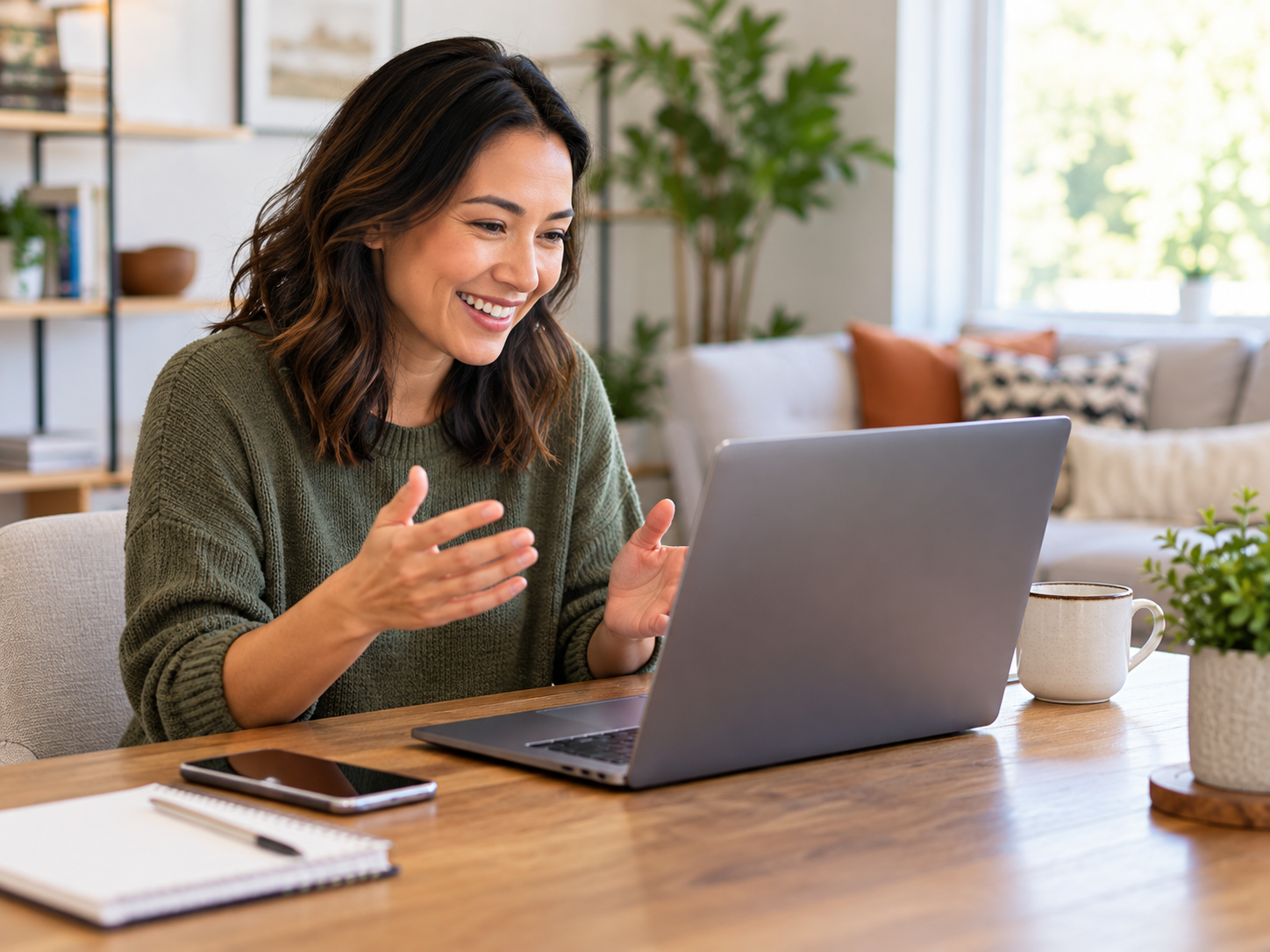 Person using a laptop for a video call at home